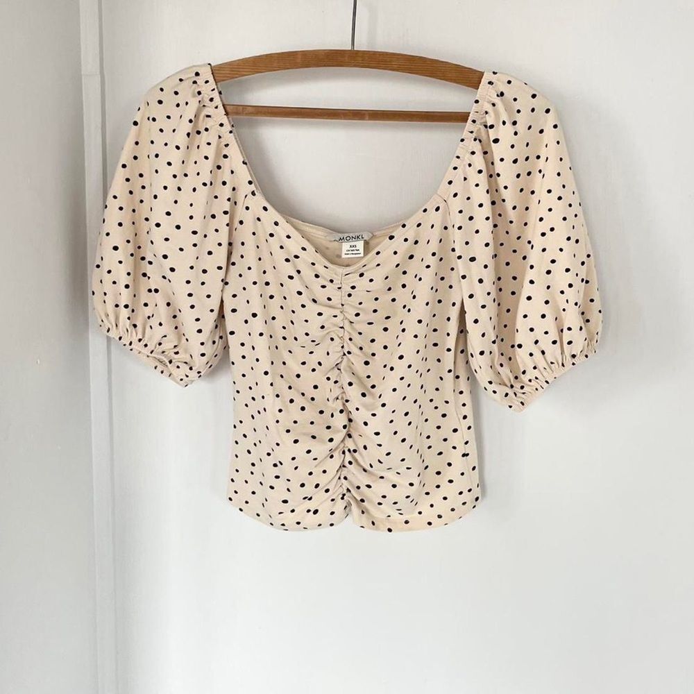 Monki Scandinavian Gathered Puff Sleeve Polka Dot Natural Cotton Cottage Top XS